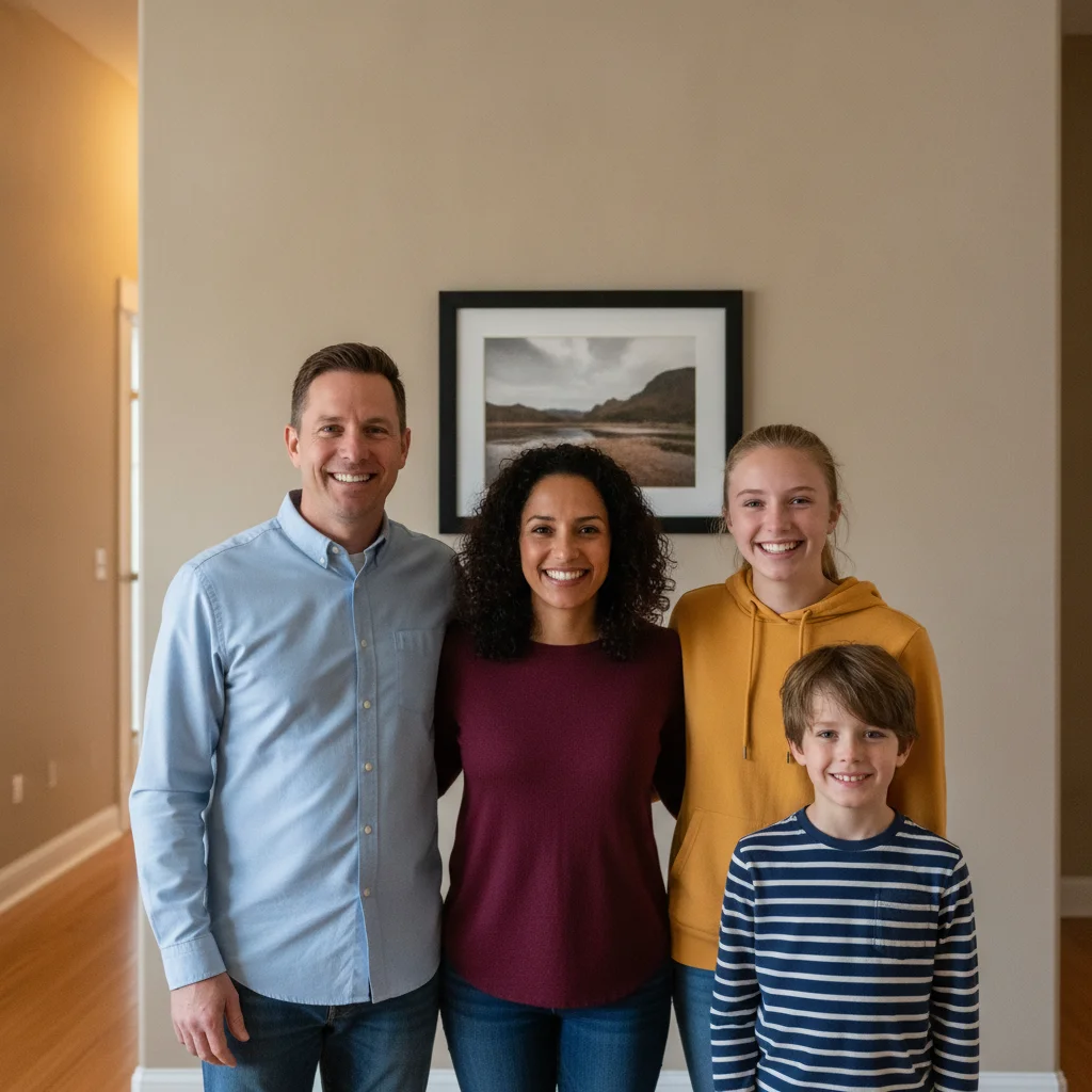 Indoor family portrait with five people against wood-paneled wall