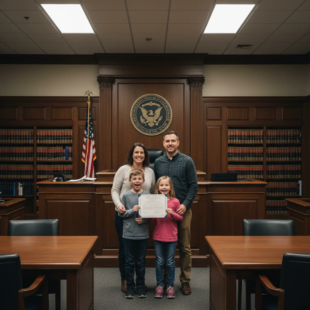 Adoption photo with formal courtroom background and institutional elements
