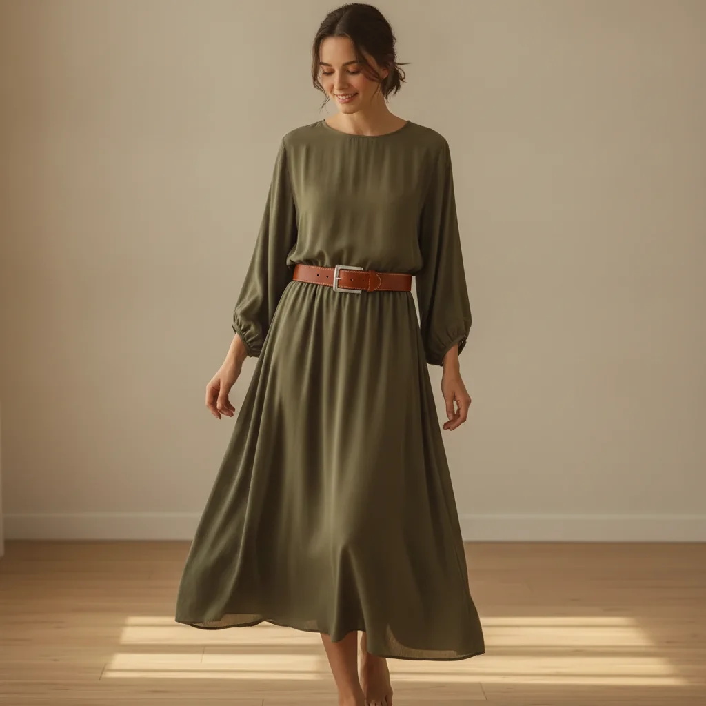 Same model with cognac leather belt cinching the waist, silver buckle centered, lighting preserved