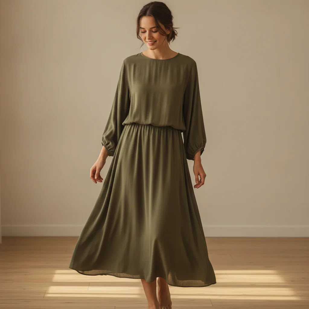 Model in olive midi dress with no belt, waist area clearly visible, warm indoor light