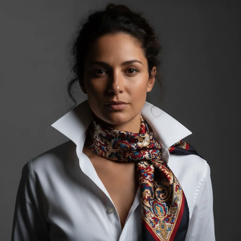 Same model with printed silk scarf draped at neck, pattern preserved, silk sheen matching side light