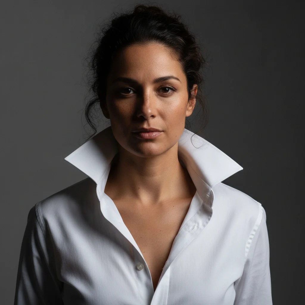 Model in white open-collar shirt, bare neck, strong left editorial light