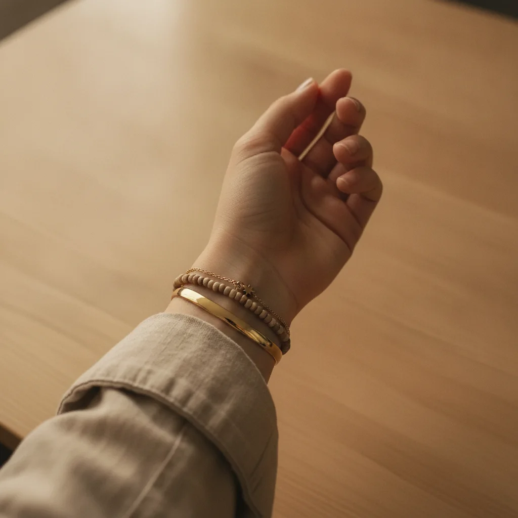Same wrist with three-piece bracelet stack: gold cuff, beaded bracelet, and charm chain, warm highlights preserved