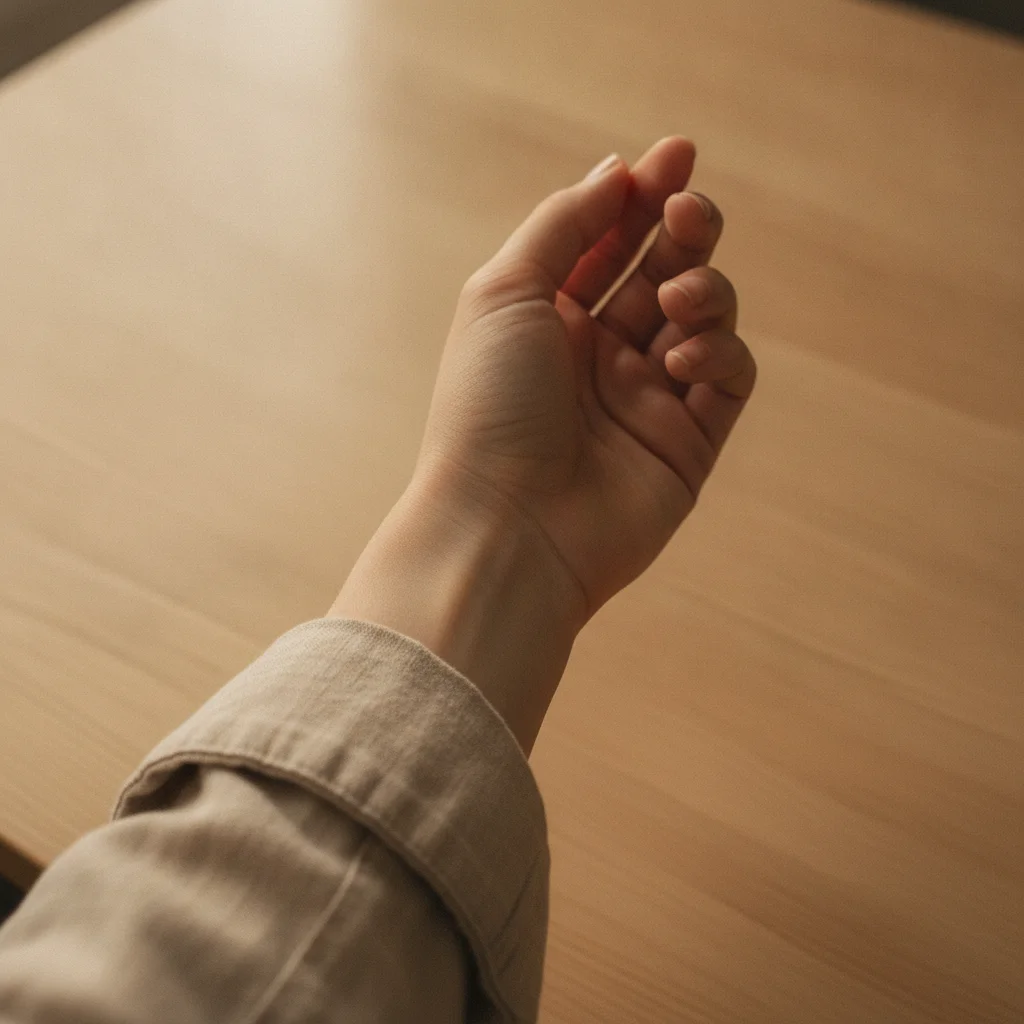 Woman's wrist in linen sleeve, no bracelets, warm window light from left