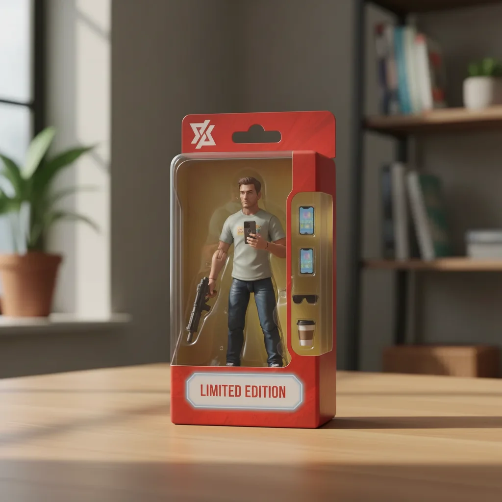 Photo after transform photo into a packaged action figure in a toy box with AI