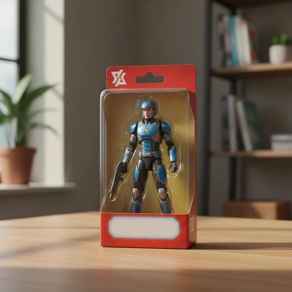 Original photo before transform photo into a packaged action figure in a toy box