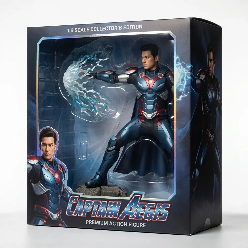 Photo after transform photo into a packaged action figure in a toy box with AI