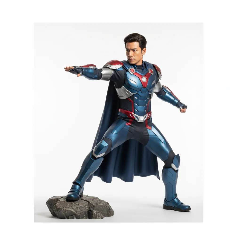 Original photo before transform photo into a packaged action figure in a toy box