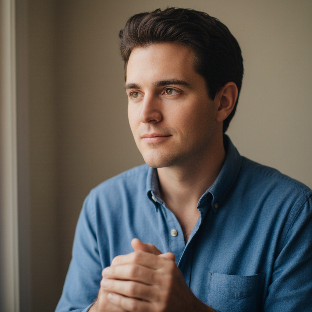 Same man looking 20 years younger with fuller hair and smoother skin