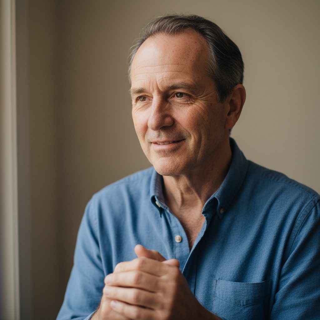 Man in his 50s with grey temples and visible wrinkles