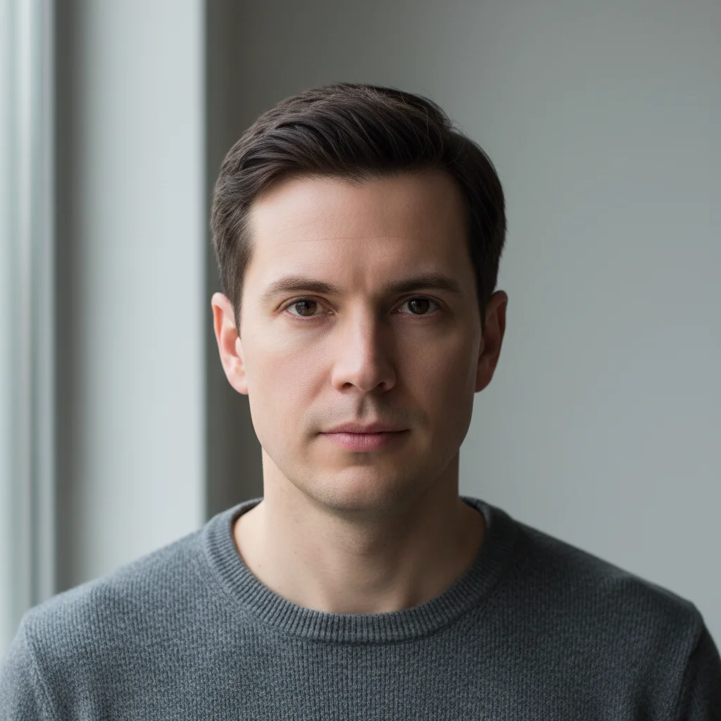 Man in his 30s with dark hair and smooth skin