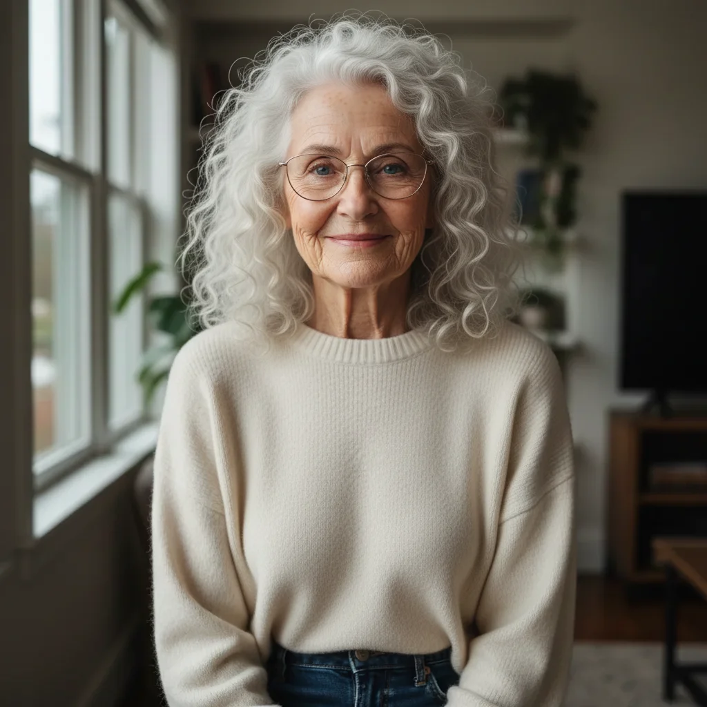 Same woman aged to look 78 with white curly hair, glasses, and deep smile lines