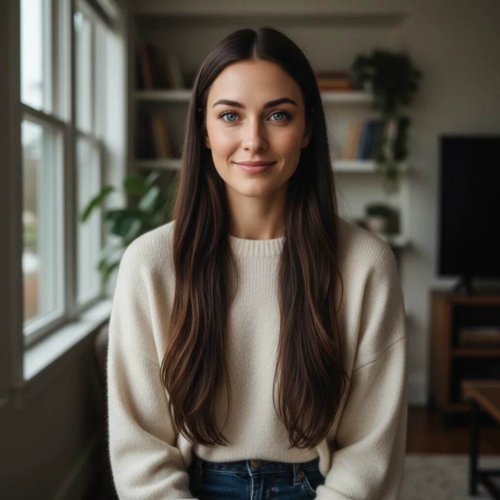 Young woman in her late 20s with dark hair and a slight smile