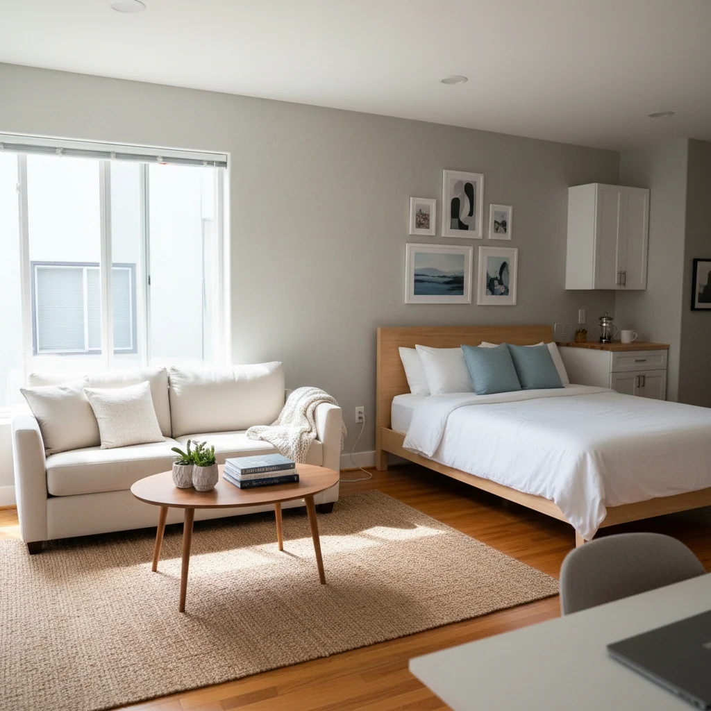 Dim bedroom with flat overhead fluorescent light and plain white duvet