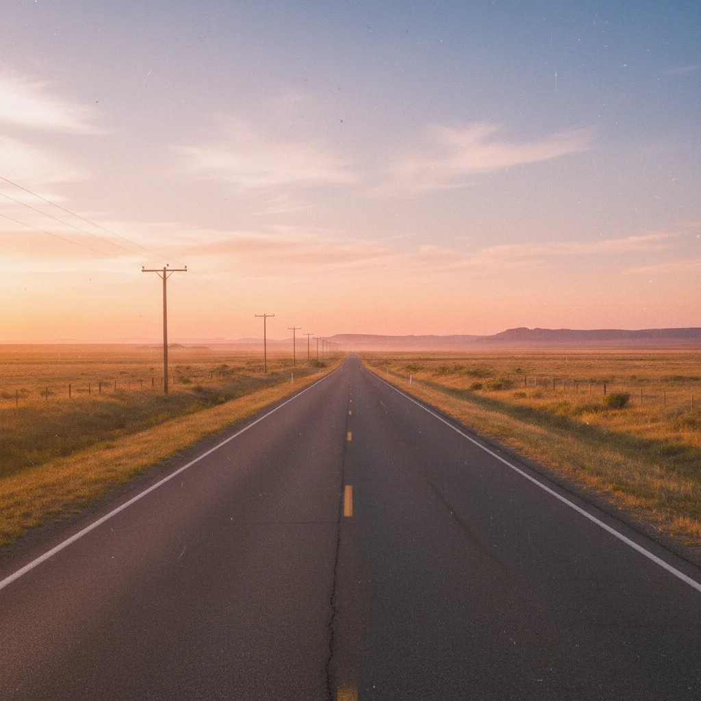 Same road scene as dreamy lo-fi album cover with pastel tones and film grain