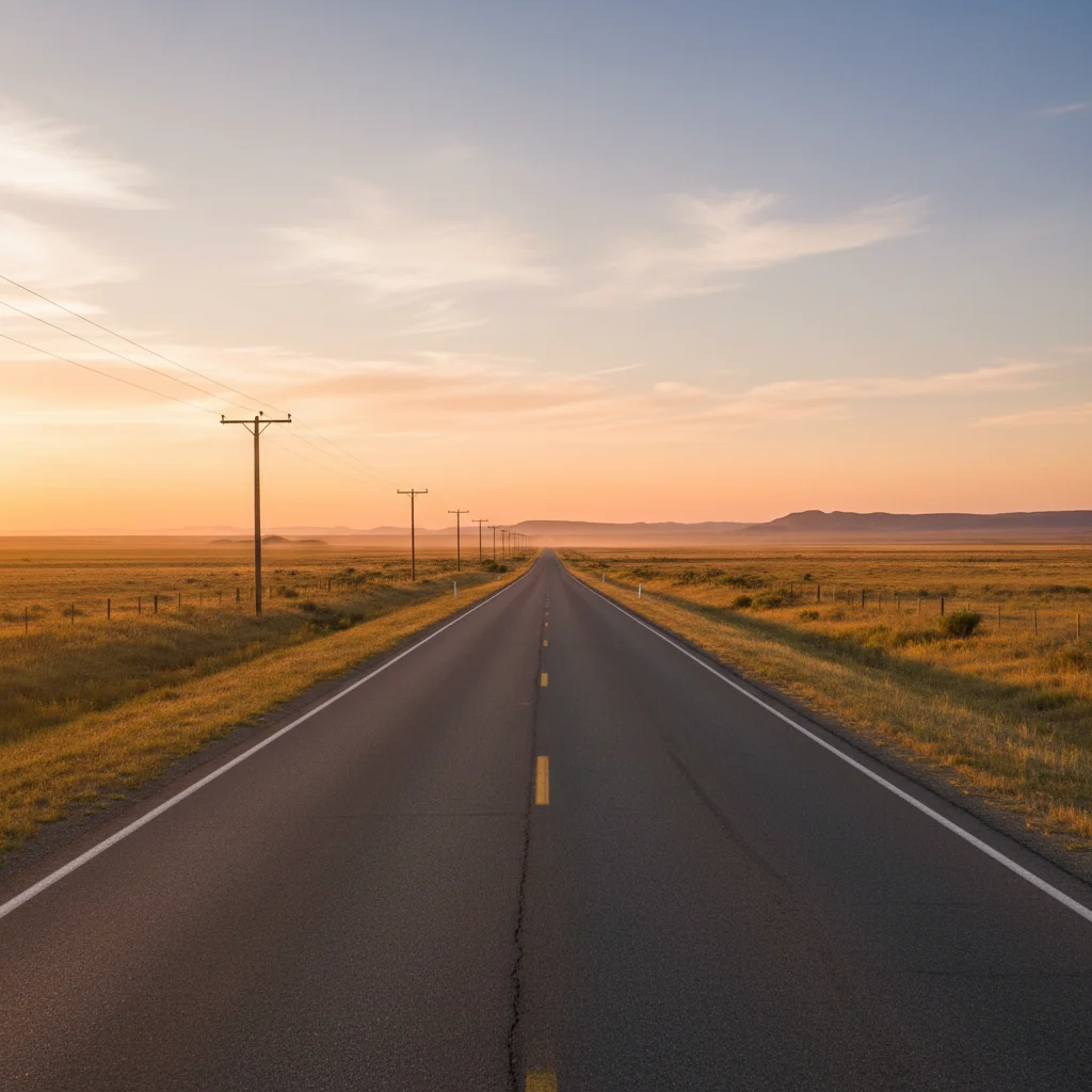 Empty road stretching to horizon at sunset with telephone poles