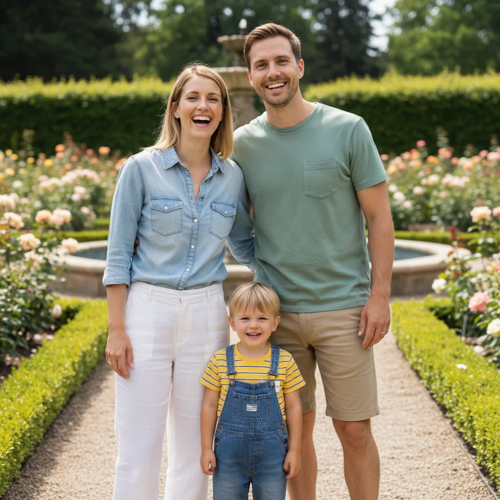Family photo of three people outdoors
