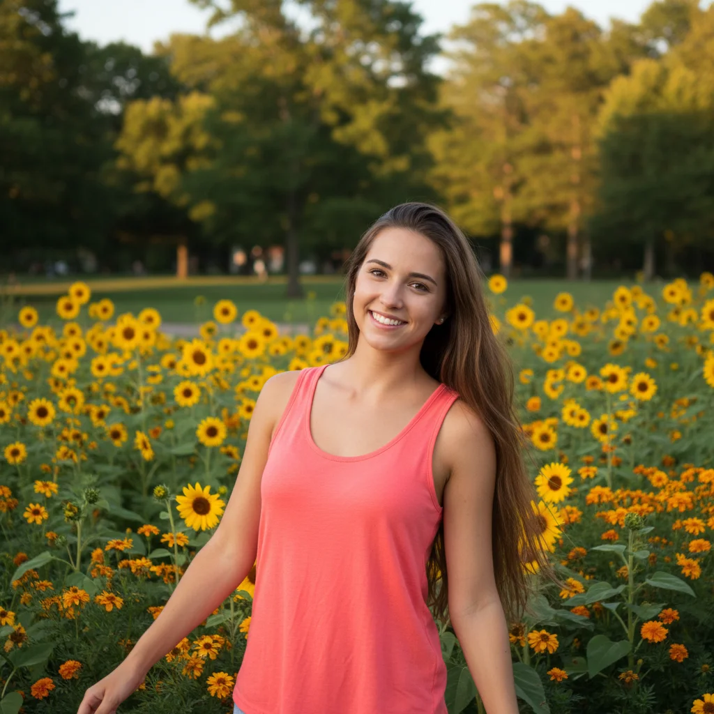 Casual outdoor portrait with arms visible in coral tank top