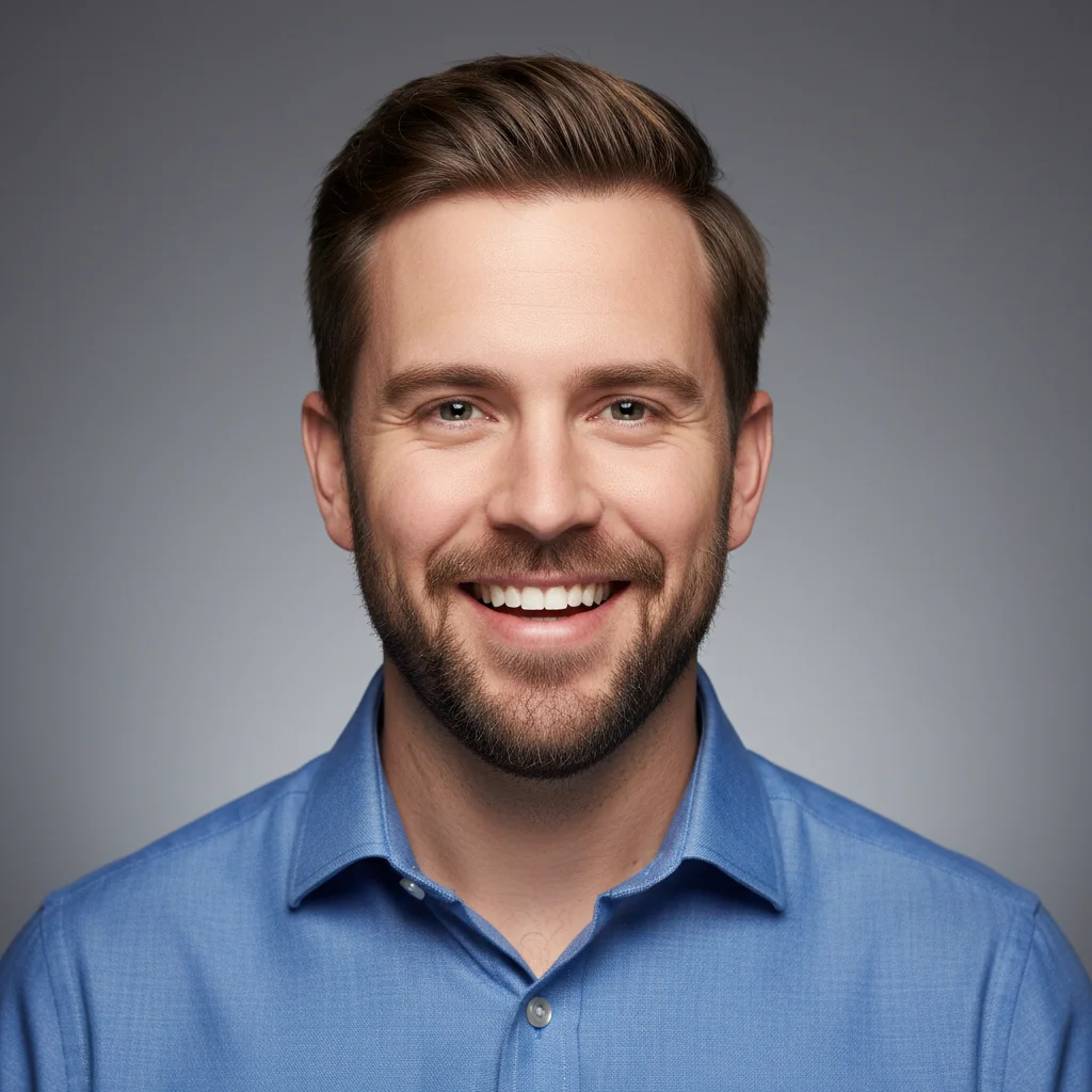 Professional headshot of a man in a blue shirt