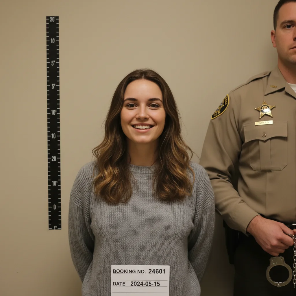 Same woman in a sheriff's department booking photo with booking number card