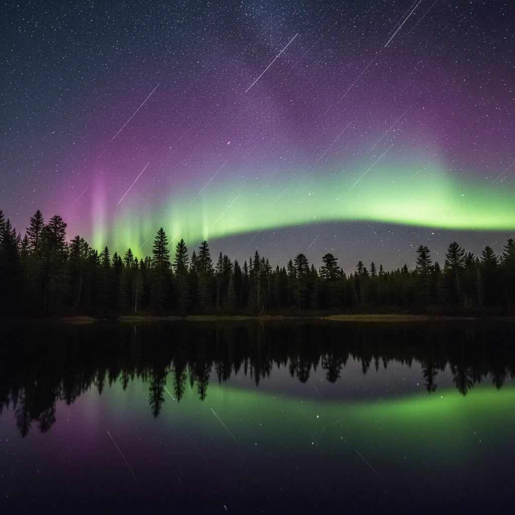 Same lake with multi-color aurora borealis reflected in water