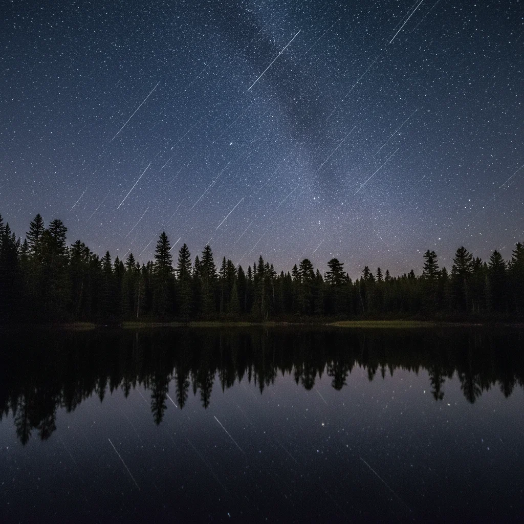 Lake at night with calm water and starry sky, no aurora