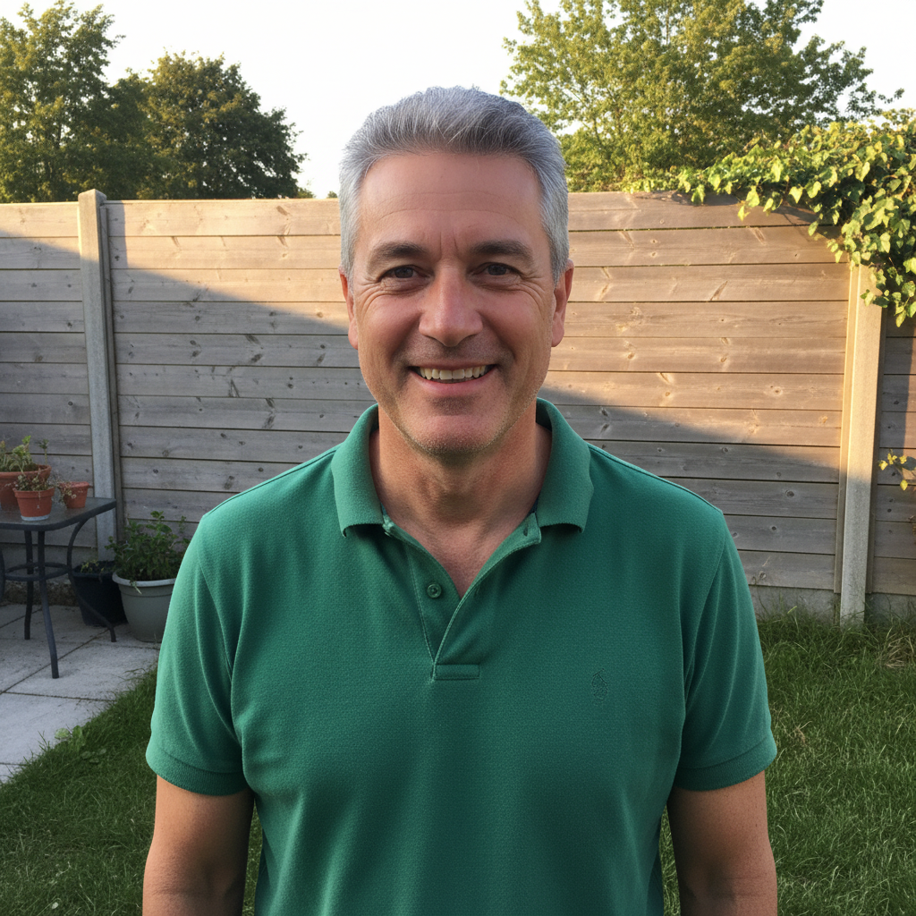 Casual backyard photo of man in polo shirt