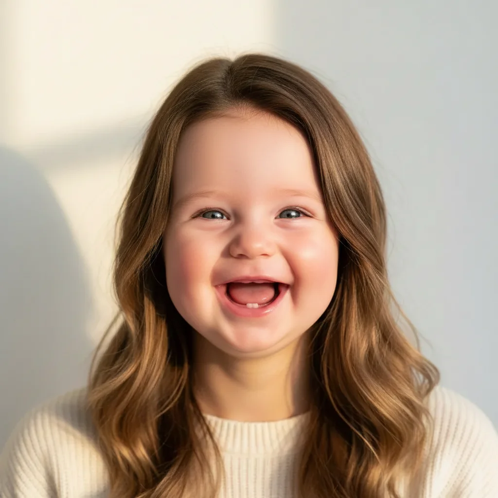 Laughing baby with similar green eyes and rosy cheeks