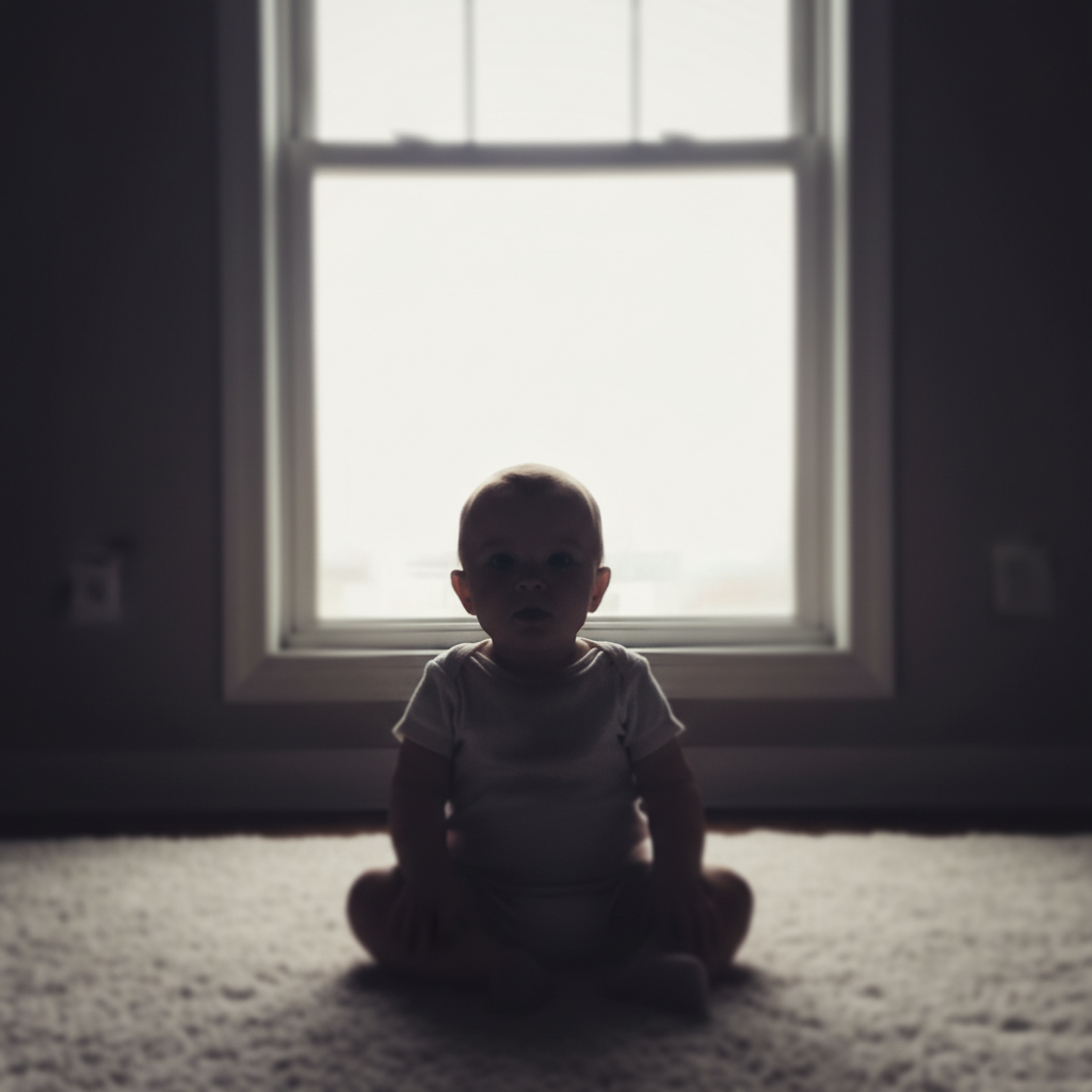 Backlit baby photo with dark face and blown-out window