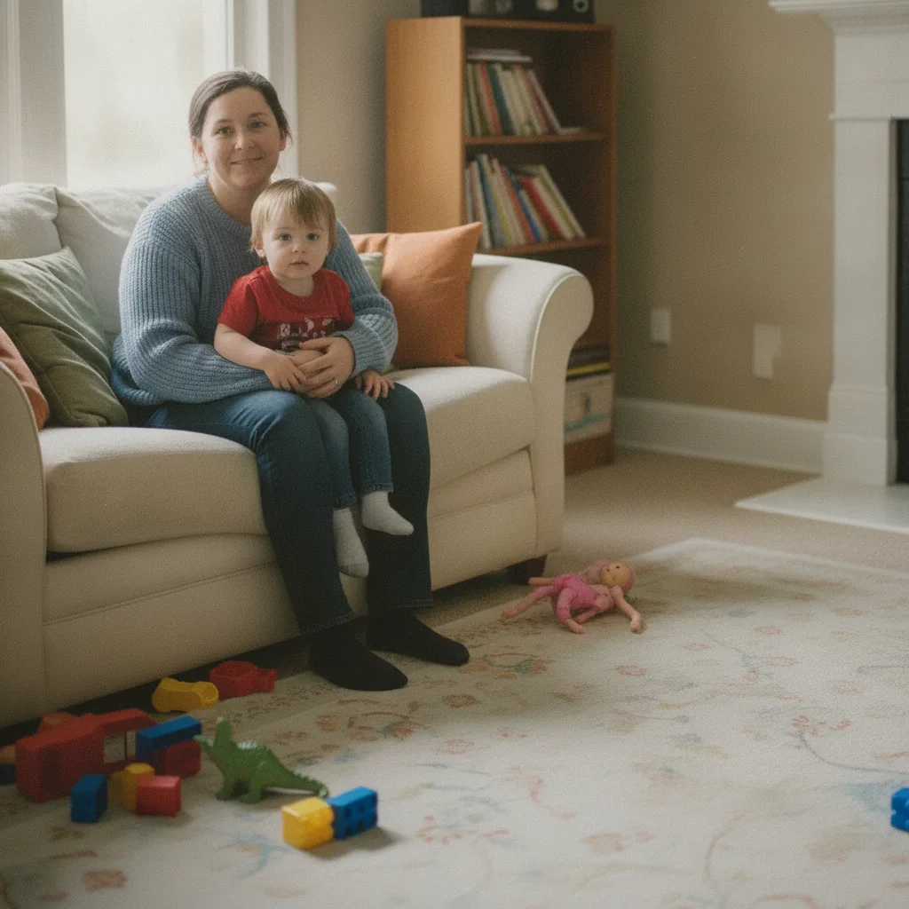 Same family portrait with clean living room background, toys removed