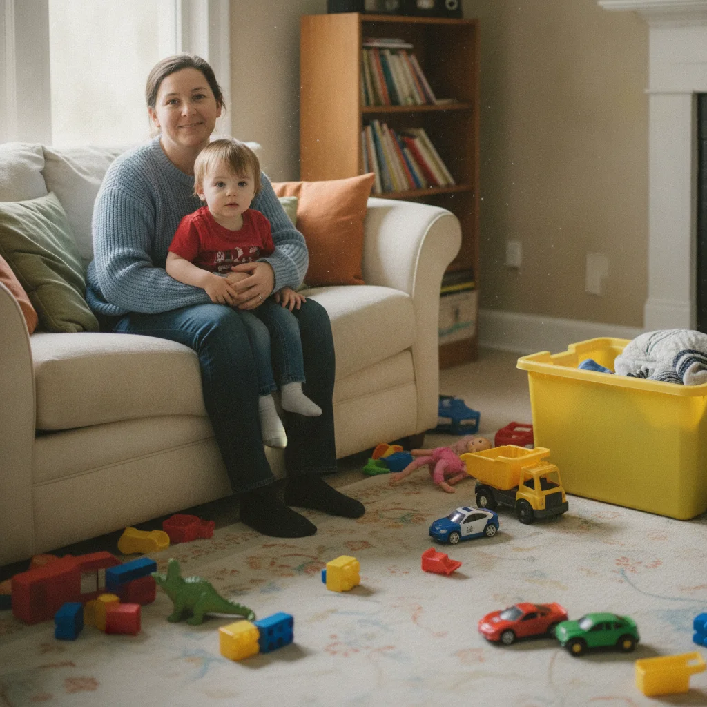Family portrait with cluttered living room background showing toys and storage bins