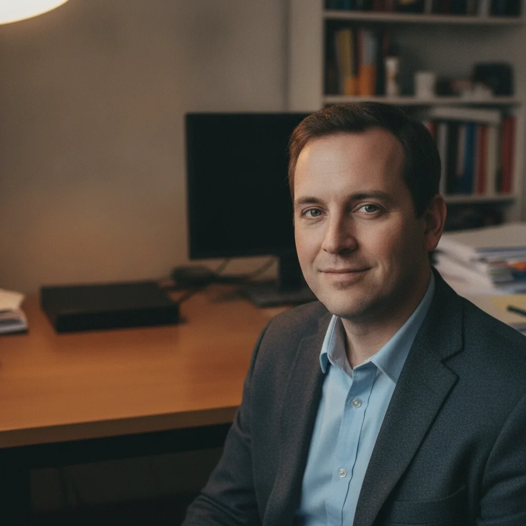 Same headshot with clean desk in background, monitor and bookshelf visible