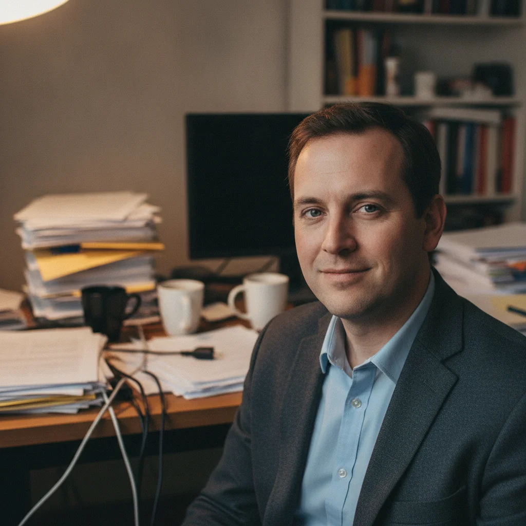 Professional headshot with cluttered desk background showing papers and cups