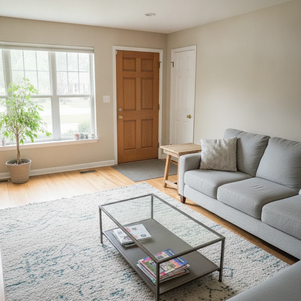 Same living room with all personal items removed, clean staged appearance