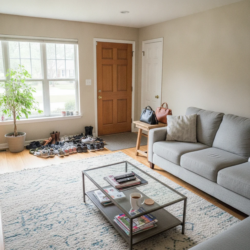 Living room listing photo with shoes by door, bags on table, items on coffee table