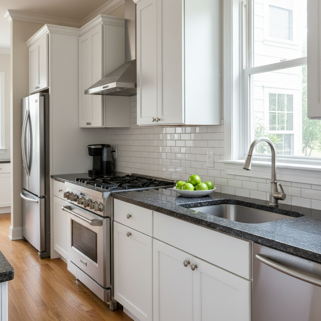 Same kitchen with new white subway tile backsplash and gray grout