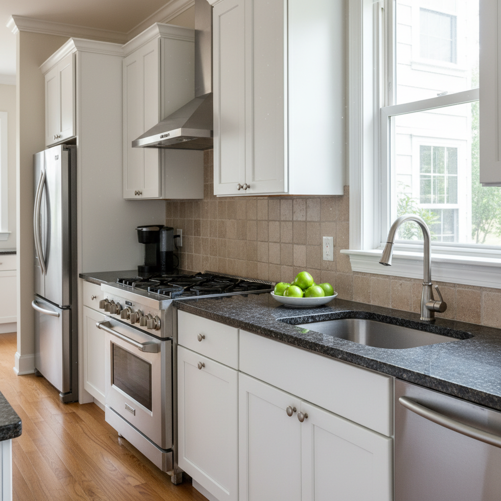 Kitchen with outdated beige tile backsplash and white cabinets