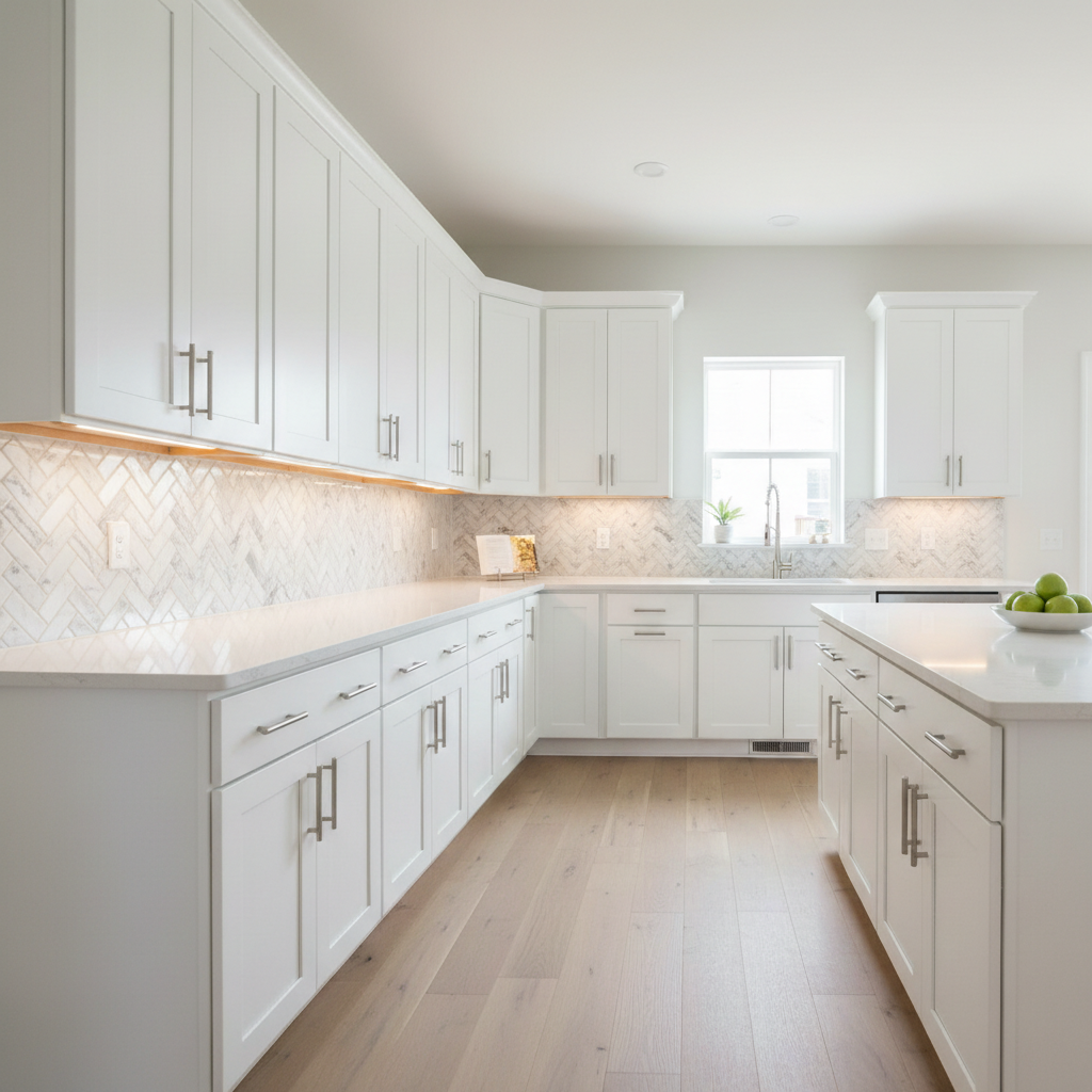 Same kitchen with elegant herringbone marble backsplash installed