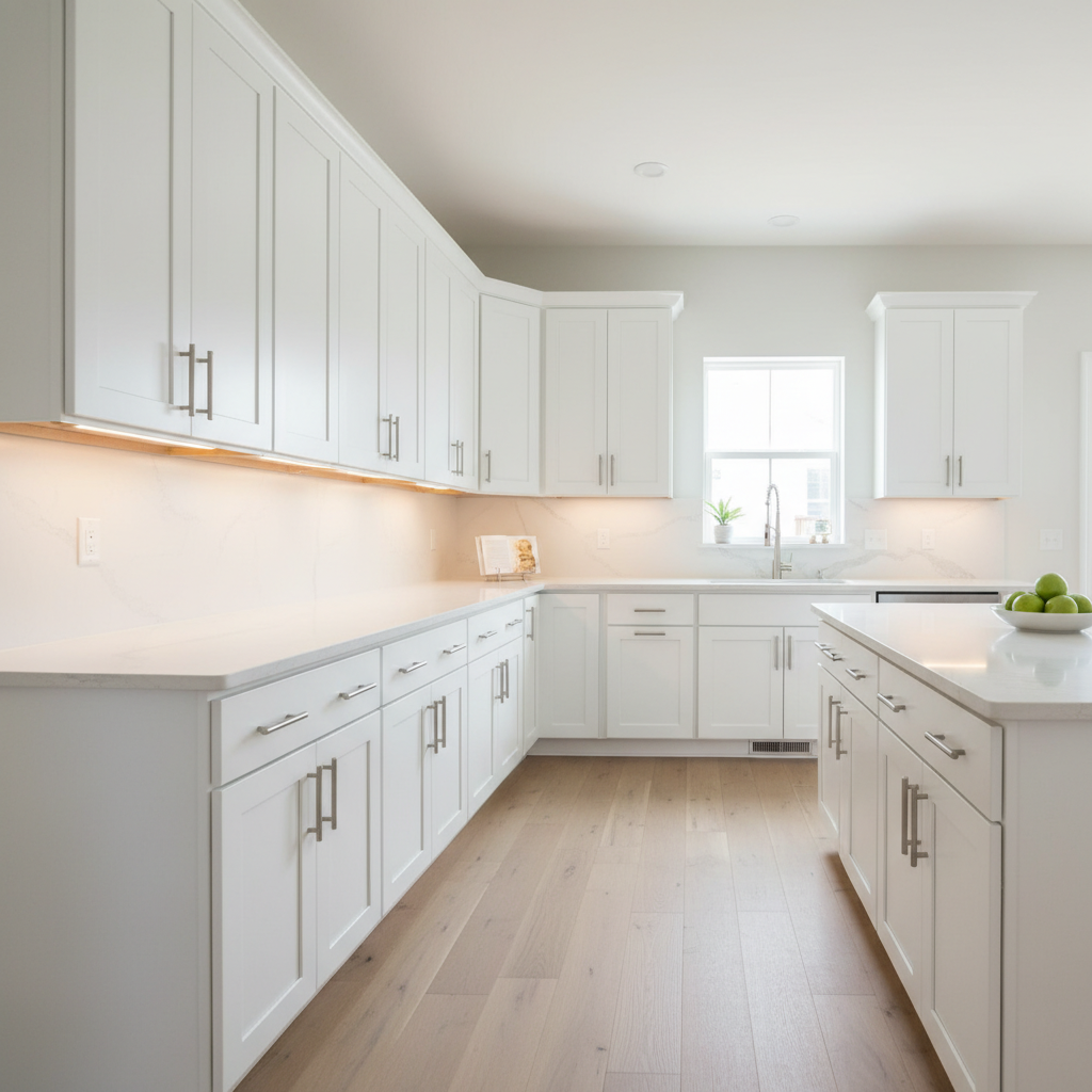 Modern kitchen with plain white wall where backsplash should be