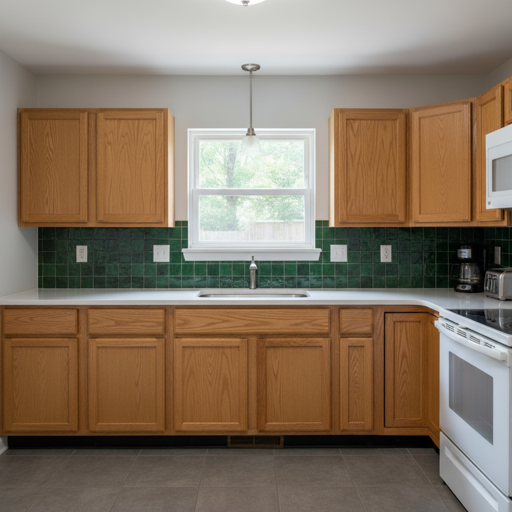 Same kitchen with deep green zellige tile backsplash adding dramatic contrast