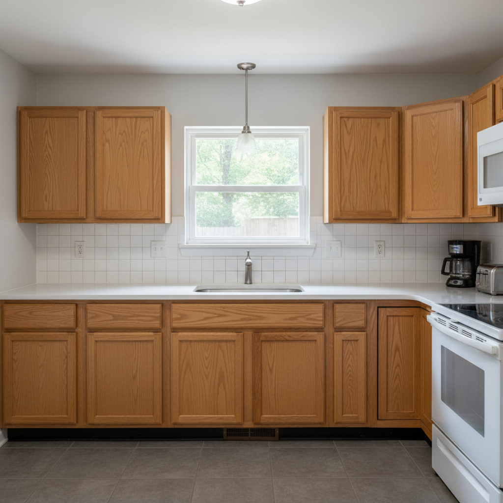 Kitchen with dated small white tile backsplash and oak cabinets
