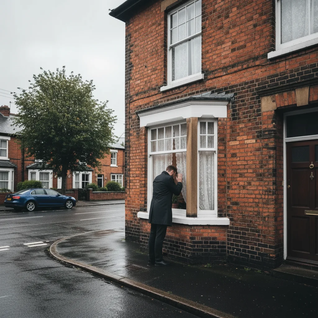 House front with AI-added officer at window