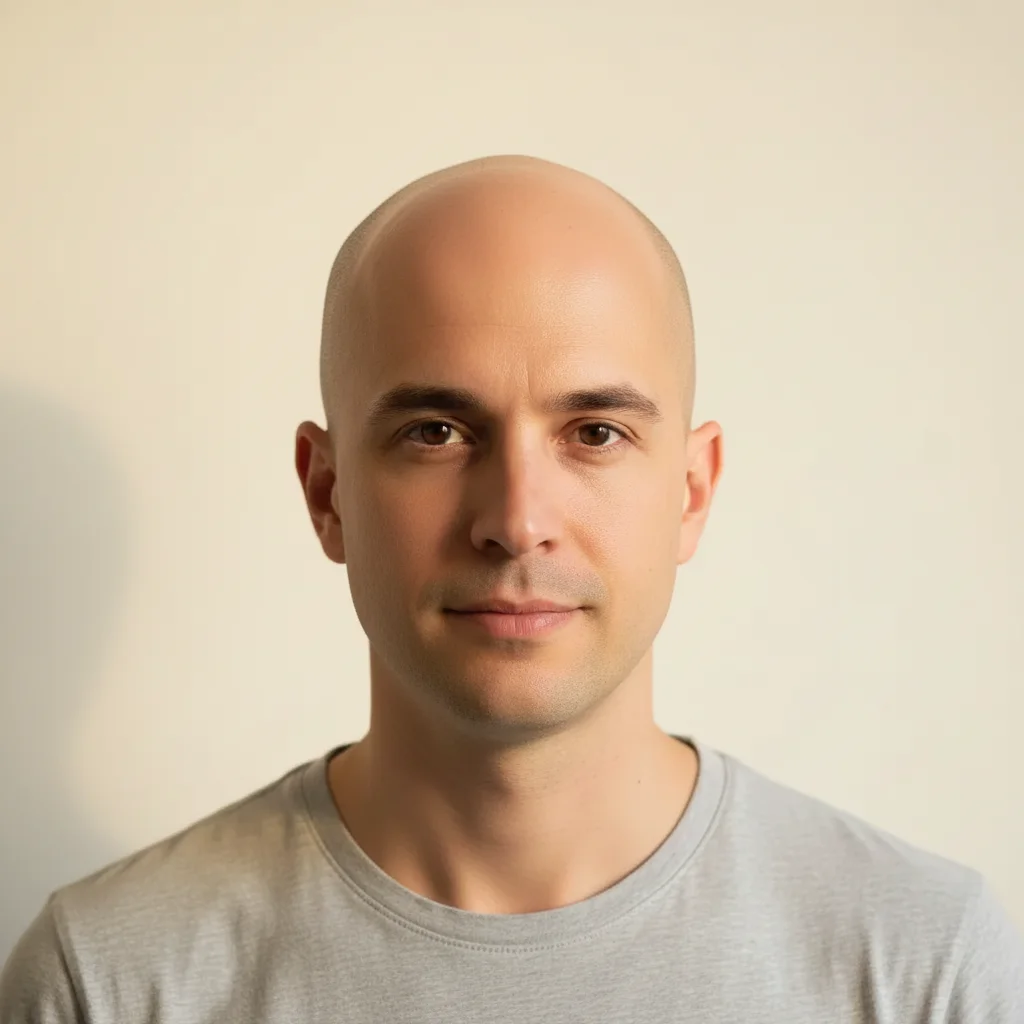 Same man with AI-applied bald filter — clean shaved head