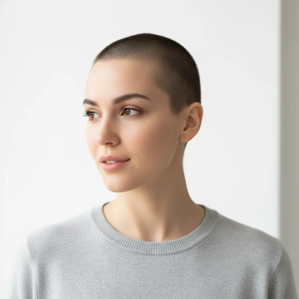 Same person after AI bald filter with stubble shadow effect