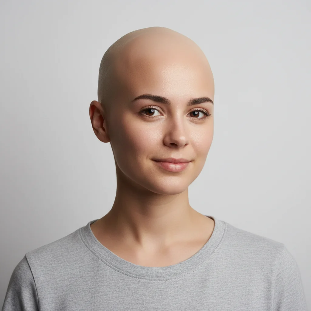 Same woman with clean bald head with natural shine