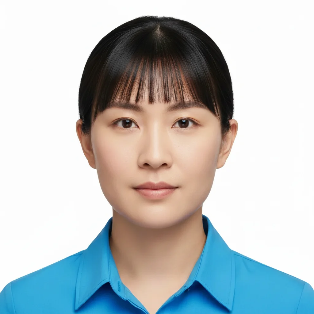 Same person with straight blunt bangs across forehead