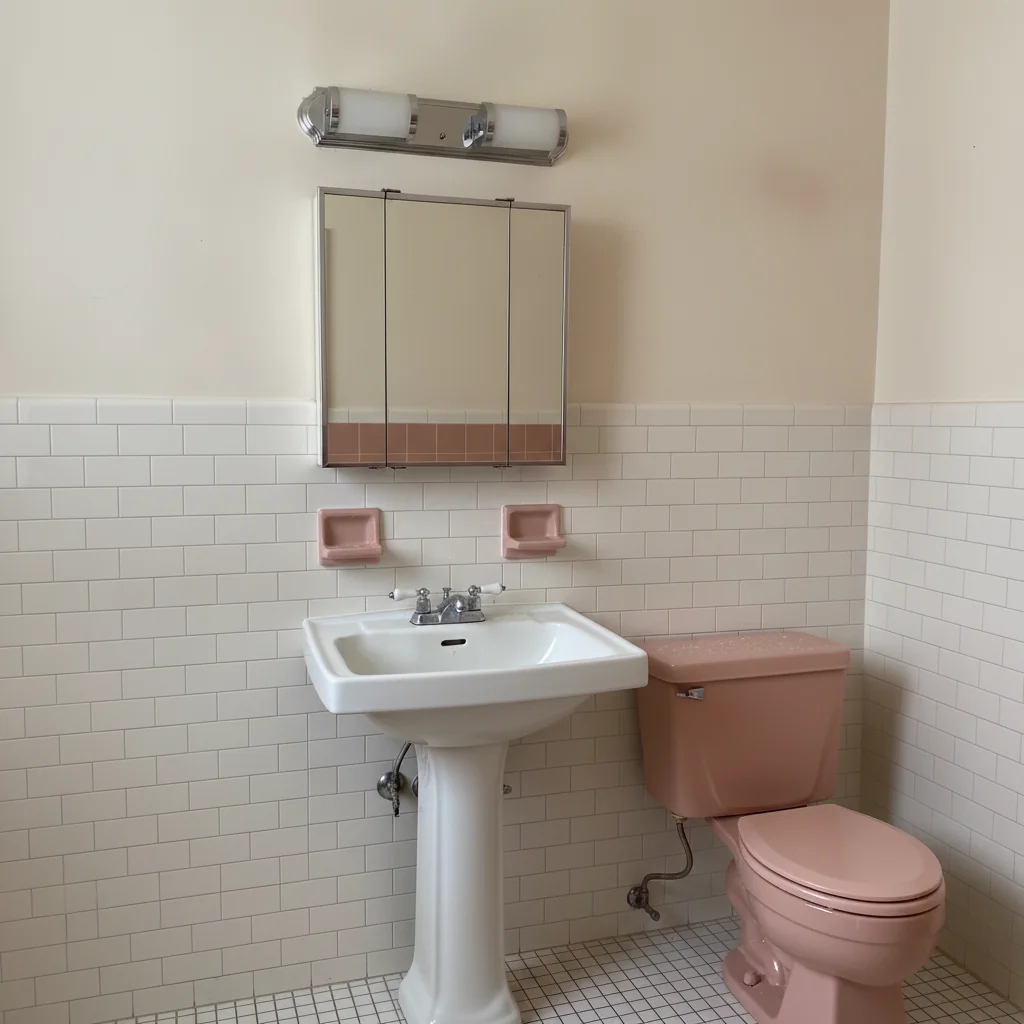 Same bathroom with wall tile replaced by white subway tile, fixtures preserved