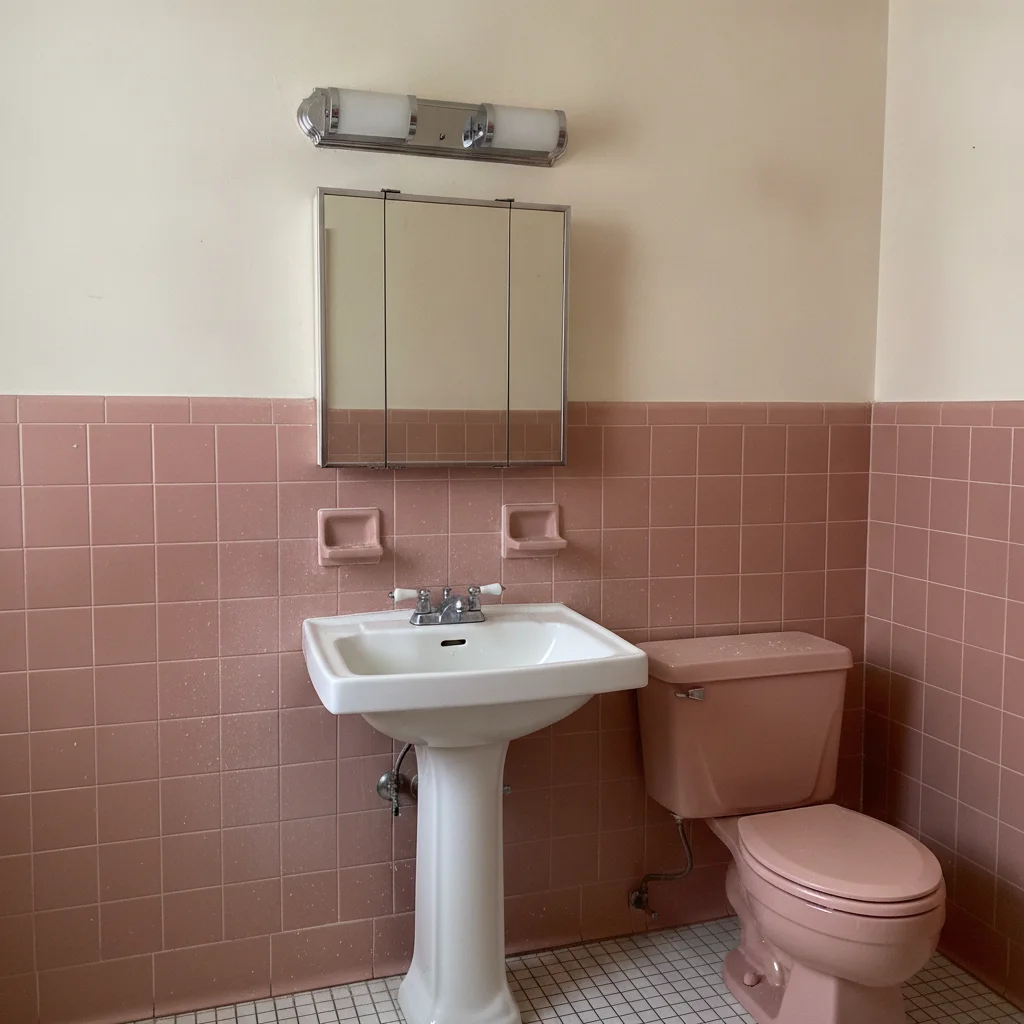 Bathroom with dated dusty pink ceramic wall tile and white pedestal sink