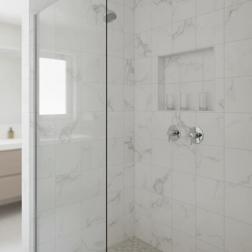 Same bathroom shower with tile changed to white Carrara marble with grey veining