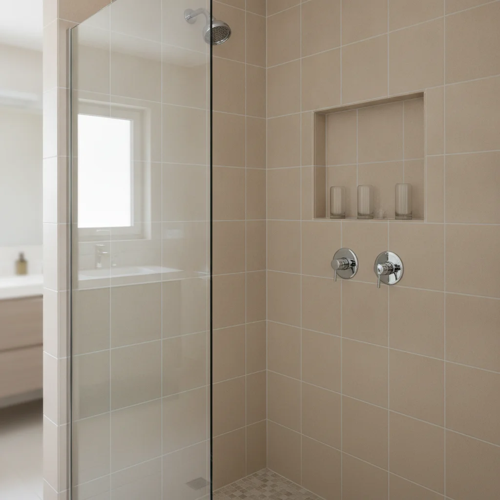 Bathroom shower with plain beige ceramic tile and chrome fixtures